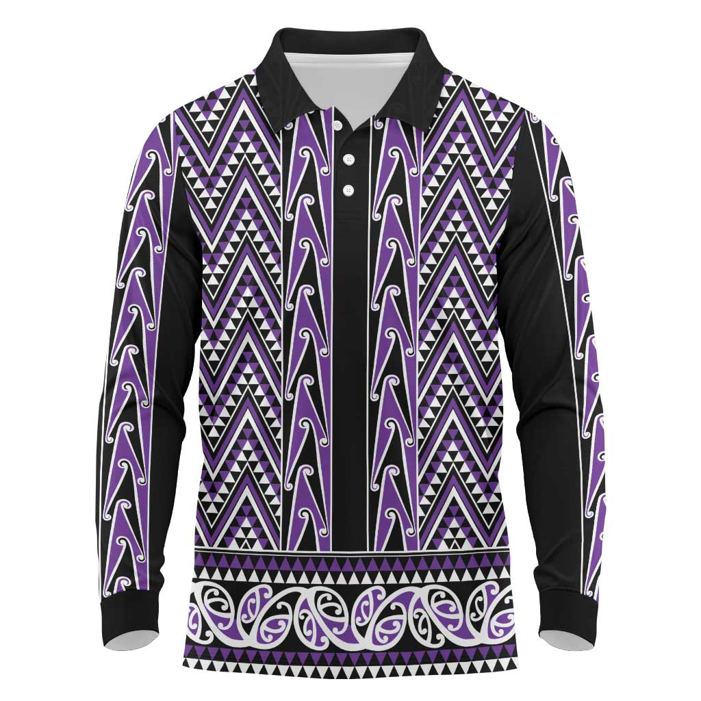 New Zealand Maori Niho Taniwha Long Sleeve Polo Shirt Waiporopo Mangopare and Puhoro Pattern
