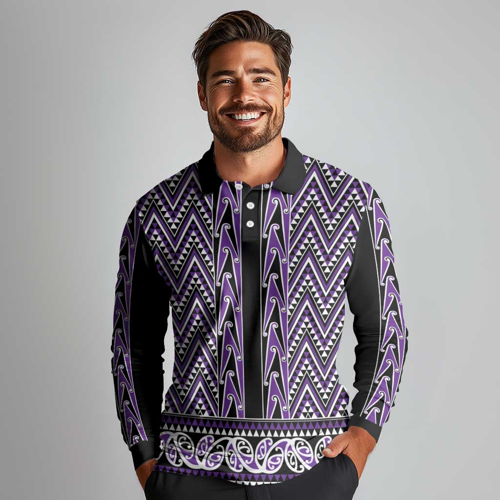 New Zealand Maori Niho Taniwha Long Sleeve Polo Shirt Waiporopo Mangopare and Puhoro Pattern