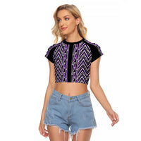New Zealand Maori Niho Taniwha Raglan Cropped T Shirt Waiporopo Mangopare and Puhoro Pattern LT9 Female Purple - Polynesian Pride