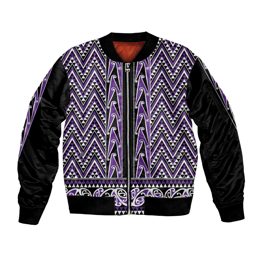 New Zealand Maori Niho Taniwha Sleeve Zip Bomber Jacket Waiporopo Mangopare and Puhoro Pattern LT9 Unisex Purple - Polynesian Pride