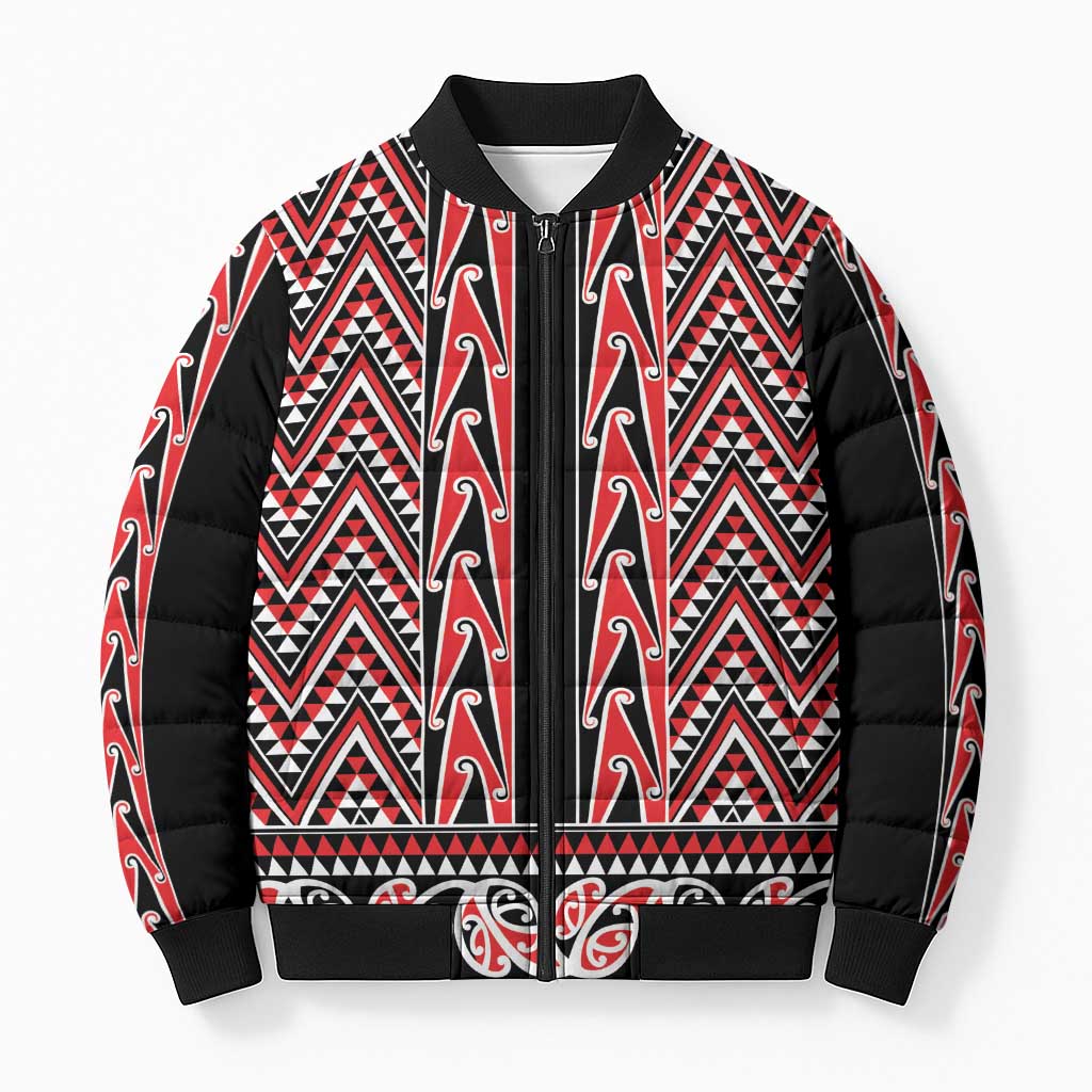 New Zealand Maori Niho Taniwha Bomber Puffer Jacket Whero Mangopare and Puhoro Pattern - Polynesian Pride