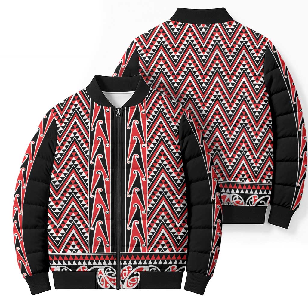 New Zealand Maori Niho Taniwha Bomber Puffer Jacket Whero Mangopare and Puhoro Pattern - Polynesian Pride