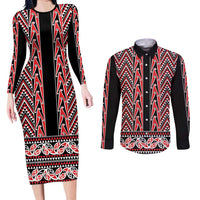 New Zealand Maori Niho Taniwha Couples Matching Long Sleeve Bodycon Dress and Long Sleeve Button Shirt Whero Mangopare and Puhoro Pattern