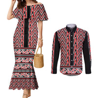 New Zealand Maori Niho Taniwha Couples Matching Mermaid Dress and Long Sleeve Button Shirt Whero Mangopare and Puhoro Pattern LT9 Red - Polynesian Pride