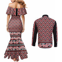 New Zealand Maori Niho Taniwha Couples Matching Mermaid Dress and Long Sleeve Button Shirt Whero Mangopare and Puhoro Pattern LT9 - Polynesian Pride