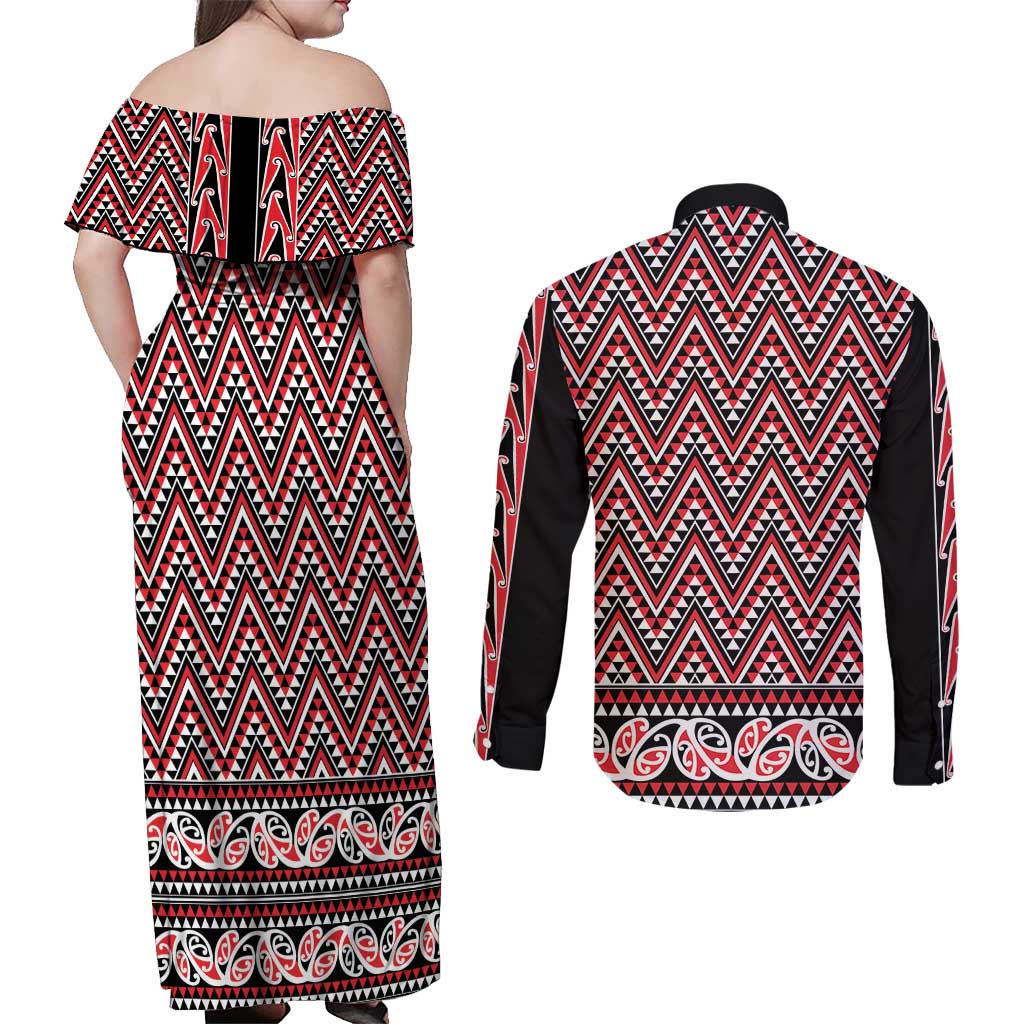 New Zealand Maori Niho Taniwha Couples Matching Off Shoulder Maxi Dress and Long Sleeve Button Shirt Whero Mangopare and Puhoro Pattern LT9 - Polynesian Pride