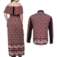 New Zealand Maori Niho Taniwha Couples Matching Off Shoulder Maxi Dress and Long Sleeve Button Shirt Whero Mangopare and Puhoro Pattern LT9 - Polynesian Pride