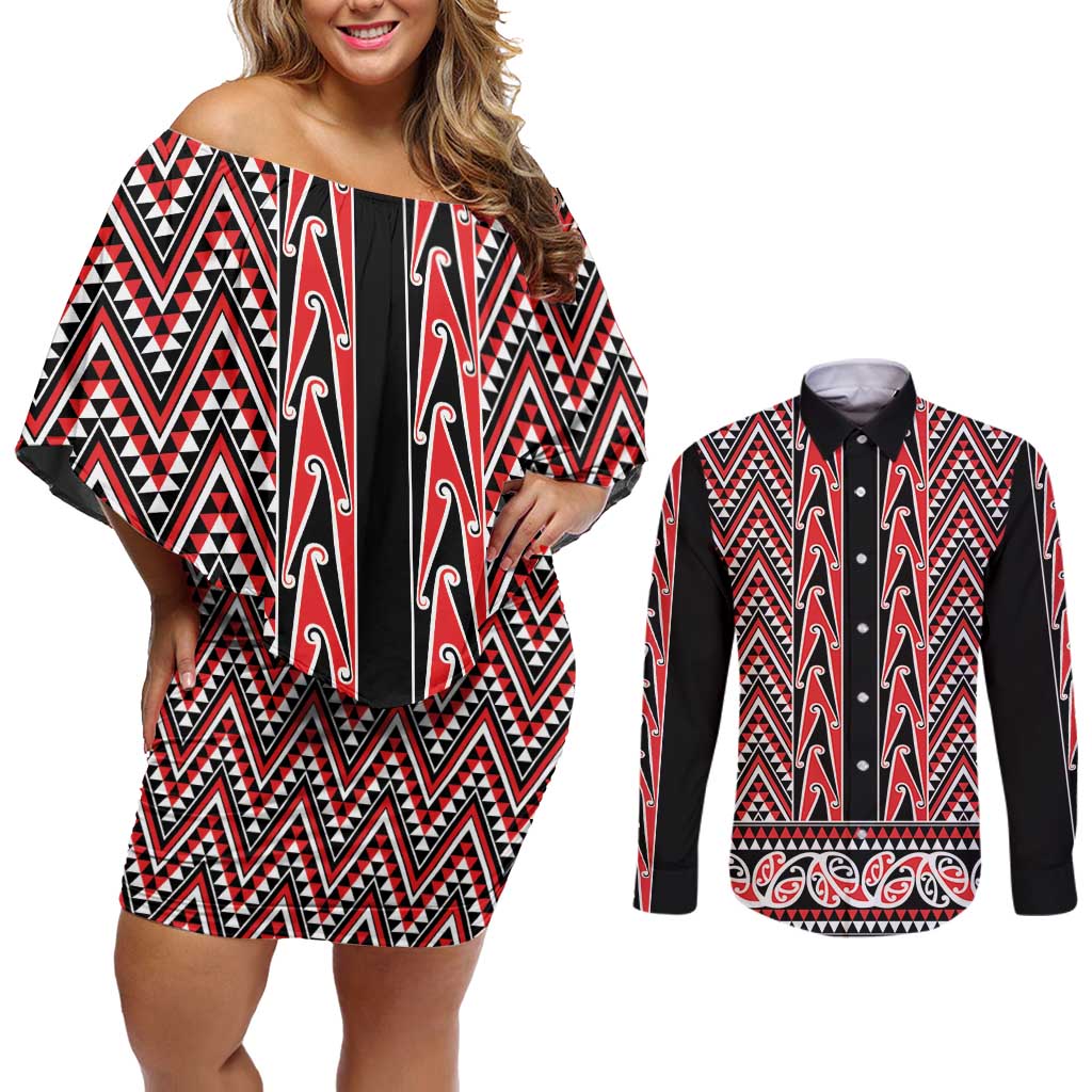 New Zealand Maori Niho Taniwha Couples Matching Off Shoulder Short Dress and Long Sleeve Button Shirt Whero Mangopare and Puhoro Pattern LT9 Red - Polynesian Pride