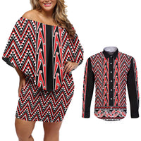 New Zealand Maori Niho Taniwha Couples Matching Off Shoulder Short Dress and Long Sleeve Button Shirt Whero Mangopare and Puhoro Pattern LT9 Red - Polynesian Pride