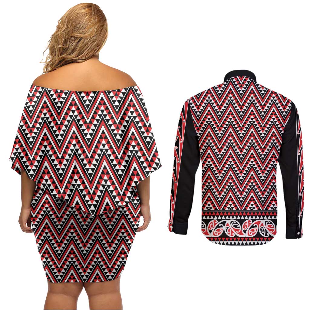 New Zealand Maori Niho Taniwha Couples Matching Off Shoulder Short Dress and Long Sleeve Button Shirt Whero Mangopare and Puhoro Pattern LT9 - Polynesian Pride