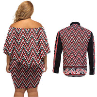 New Zealand Maori Niho Taniwha Couples Matching Off Shoulder Short Dress and Long Sleeve Button Shirt Whero Mangopare and Puhoro Pattern LT9 - Polynesian Pride