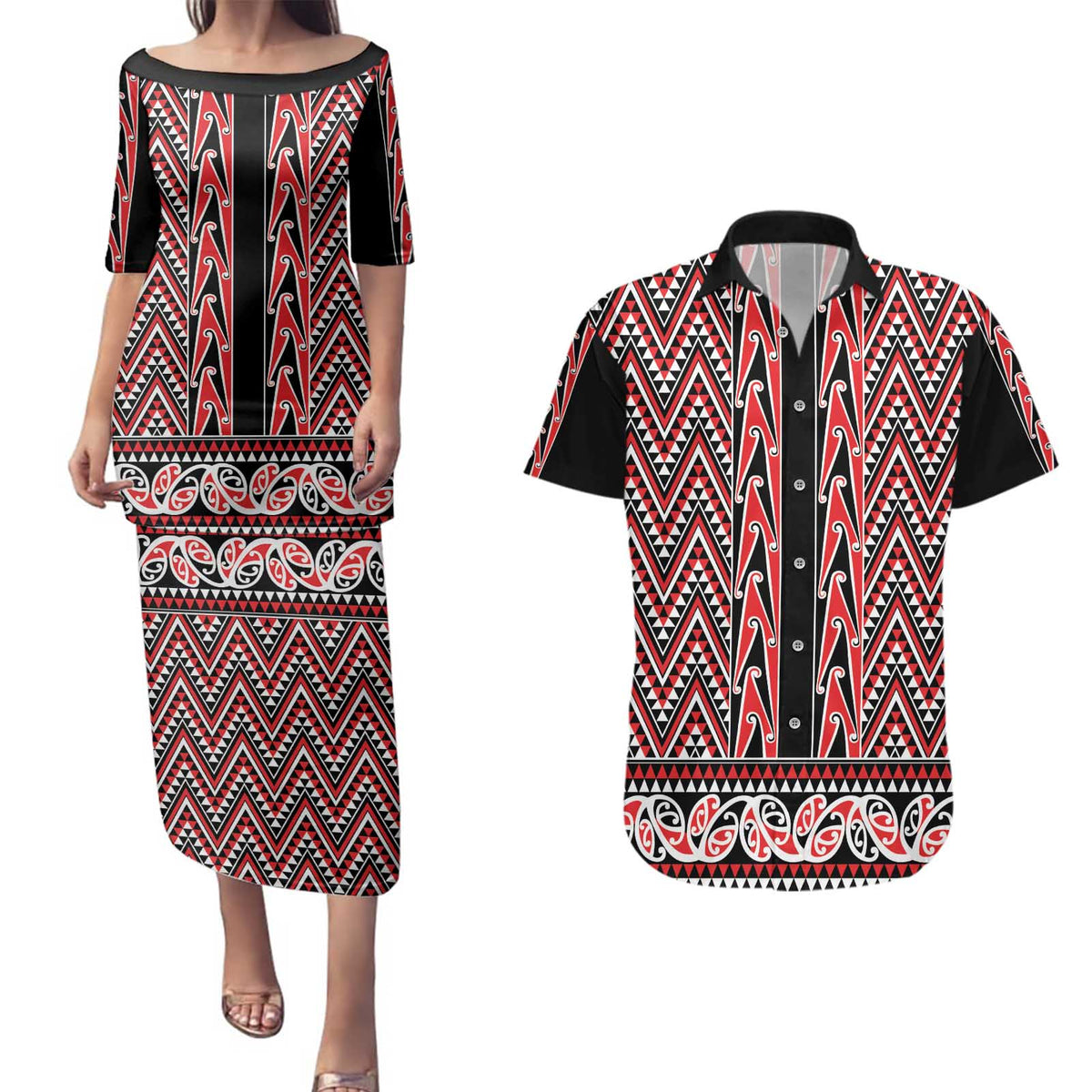 New Zealand Maori Niho Taniwha Couples Matching Puletasi and Hawaiian Shirt Whero Mangopare and Puhoro Pattern LT9 Red - Polynesian Pride