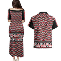 New Zealand Maori Niho Taniwha Couples Matching Puletasi and Hawaiian Shirt Whero Mangopare and Puhoro Pattern LT9 - Polynesian Pride