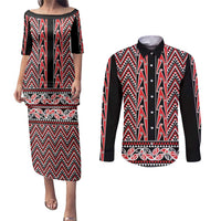 New Zealand Maori Niho Taniwha Couples Matching Puletasi and Long Sleeve Button Shirt Whero Mangopare and Puhoro Pattern LT9 Red - Polynesian Pride