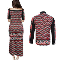 New Zealand Maori Niho Taniwha Couples Matching Puletasi and Long Sleeve Button Shirt Whero Mangopare and Puhoro Pattern LT9 - Polynesian Pride