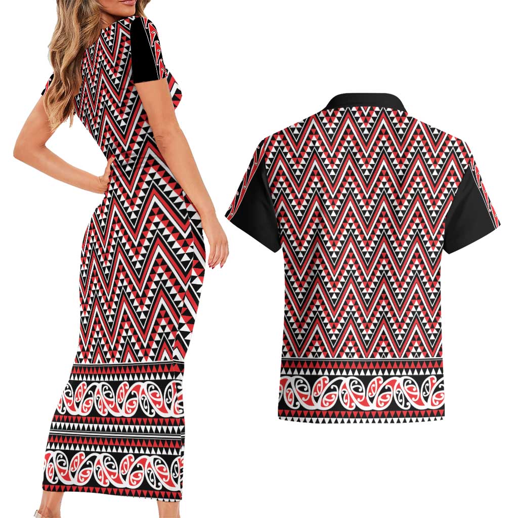 New Zealand Maori Niho Taniwha Couples Matching Short Sleeve Bodycon Dress and Hawaiian Shirt Whero Mangopare and Puhoro Pattern
