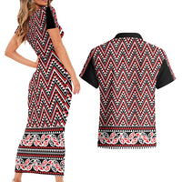 New Zealand Maori Niho Taniwha Couples Matching Short Sleeve Bodycon Dress and Hawaiian Shirt Whero Mangopare and Puhoro Pattern