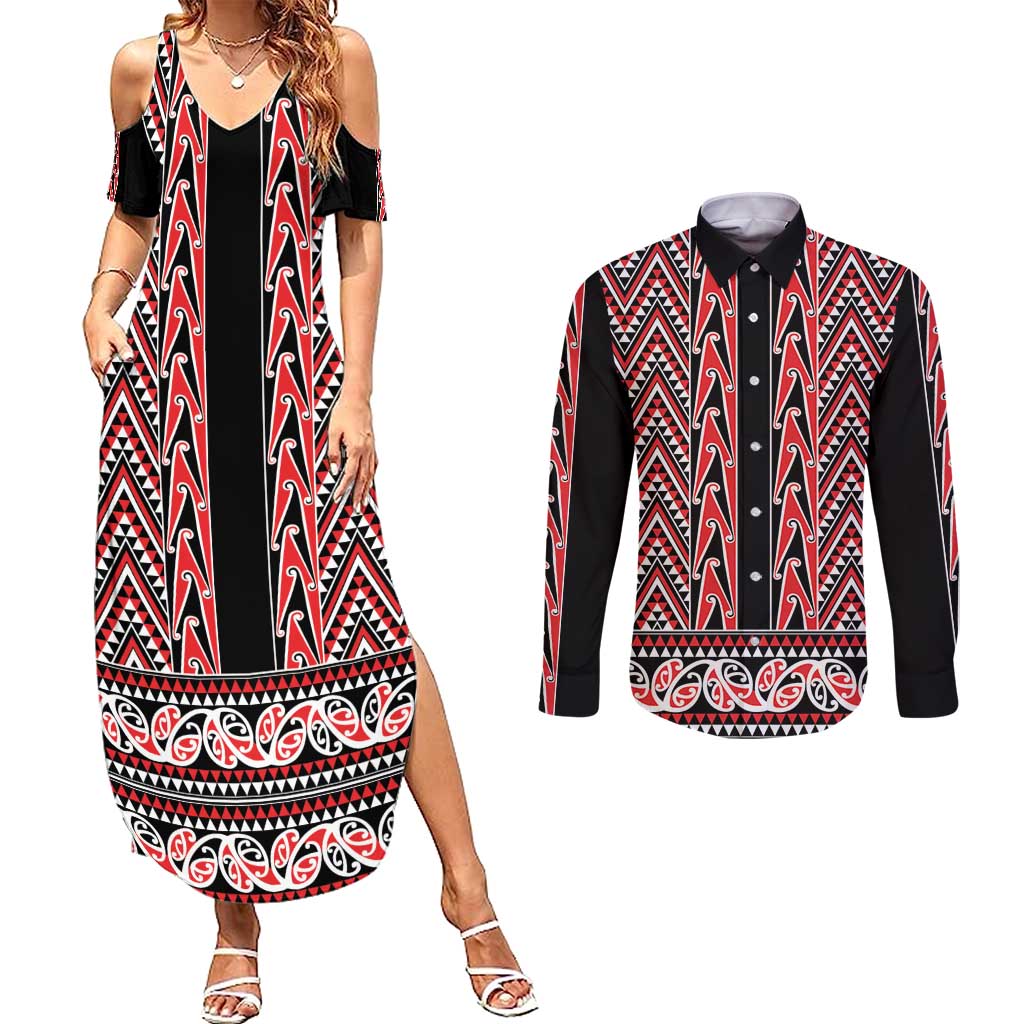 New Zealand Maori Niho Taniwha Couples Matching Summer Maxi Dress and Long Sleeve Button Shirt Whero Mangopare and Puhoro Pattern LT9 Red - Polynesian Pride