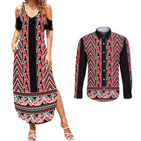 New Zealand Maori Niho Taniwha Couples Matching Summer Maxi Dress and Long Sleeve Button Shirt Whero Mangopare and Puhoro Pattern LT9 Red - Polynesian Pride