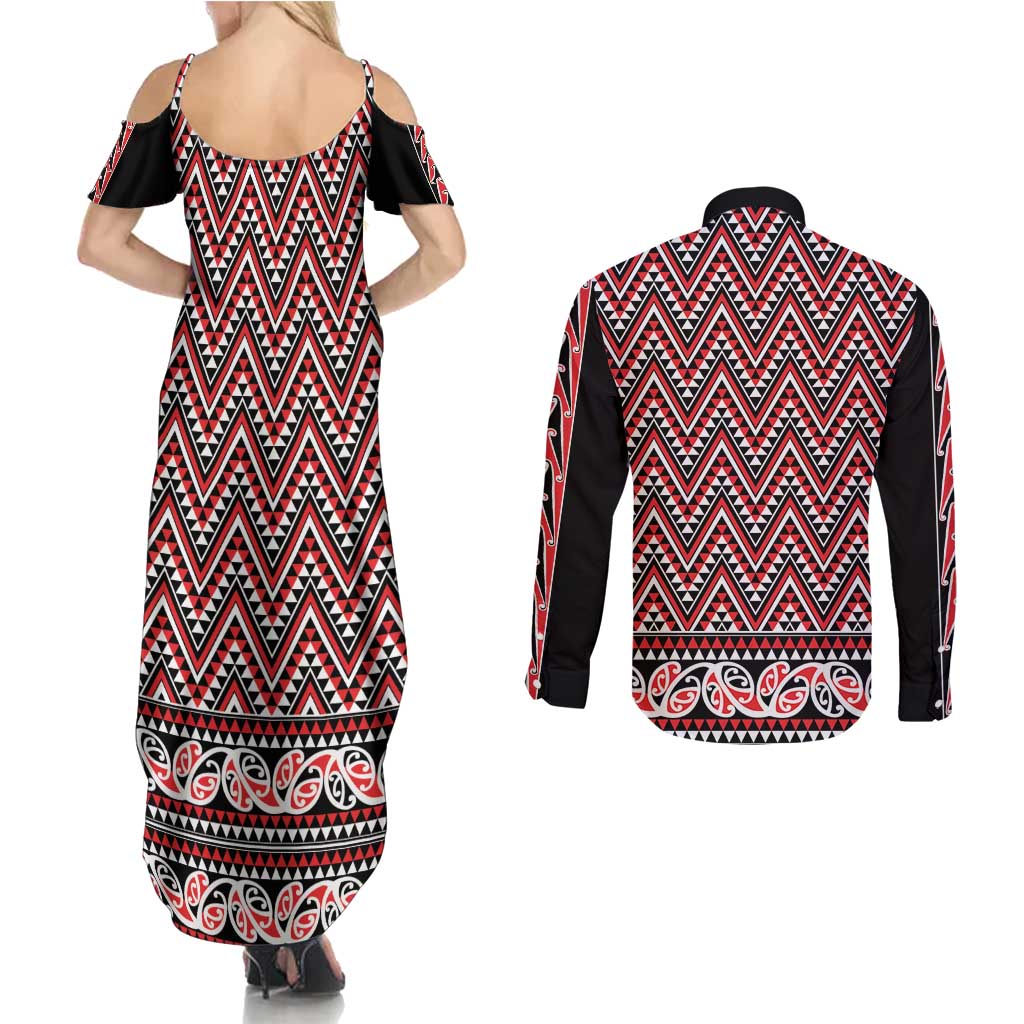 New Zealand Maori Niho Taniwha Couples Matching Summer Maxi Dress and Long Sleeve Button Shirt Whero Mangopare and Puhoro Pattern LT9 - Polynesian Pride
