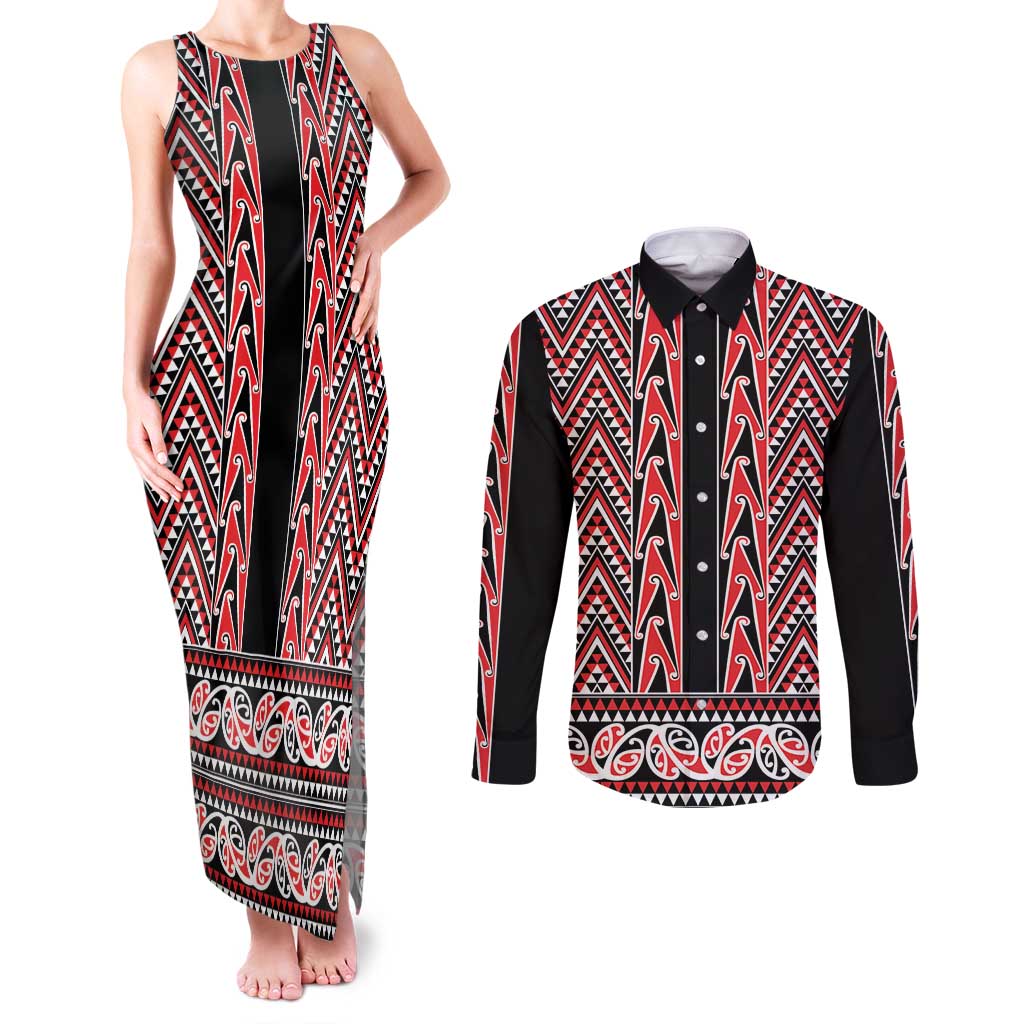 New Zealand Maori Niho Taniwha Couples Matching Tank Maxi Dress and Long Sleeve Button Shirt Whero Mangopare and Puhoro Pattern LT9 Red - Polynesian Pride