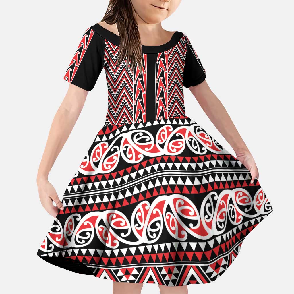 New Zealand Maori Niho Taniwha Family Matching Long Sleeve Bodycon Dress and Hawaiian Shirt Whero Mangopare and Puhoro Pattern LT9 Daughter's Dress Red - Polynesian Pride