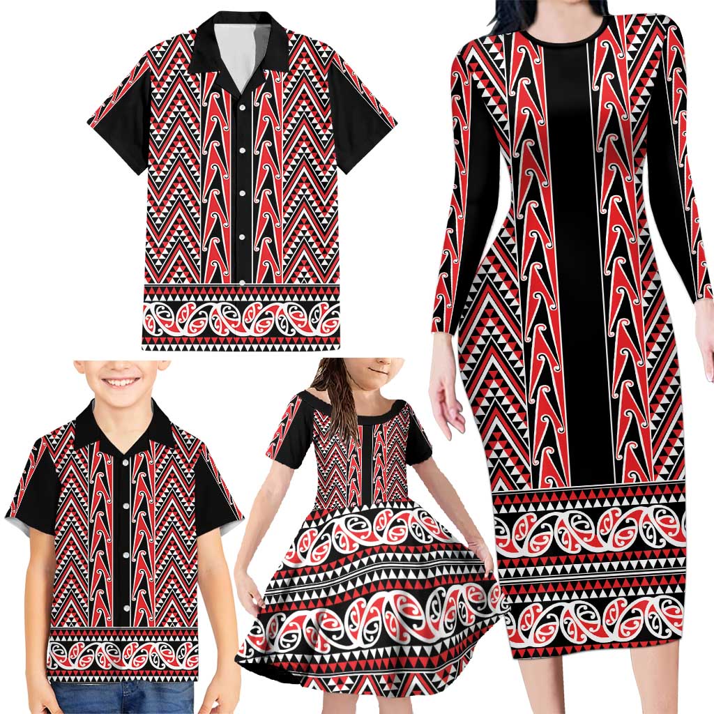 New Zealand Maori Niho Taniwha Family Matching Long Sleeve Bodycon Dress and Hawaiian Shirt Whero Mangopare and Puhoro Pattern LT9 - Polynesian Pride