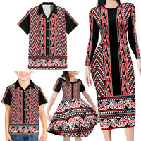 New Zealand Maori Niho Taniwha Family Matching Long Sleeve Bodycon Dress and Hawaiian Shirt Whero Mangopare and Puhoro Pattern LT9 - Polynesian Pride