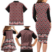 New Zealand Maori Niho Taniwha Family Matching Long Sleeve Bodycon Dress and Hawaiian Shirt Whero Mangopare and Puhoro Pattern LT9 - Polynesian Pride