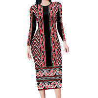 New Zealand Maori Niho Taniwha Family Matching Long Sleeve Bodycon Dress and Hawaiian Shirt Whero Mangopare and Puhoro Pattern LT9 Mom's Dress Red - Polynesian Pride