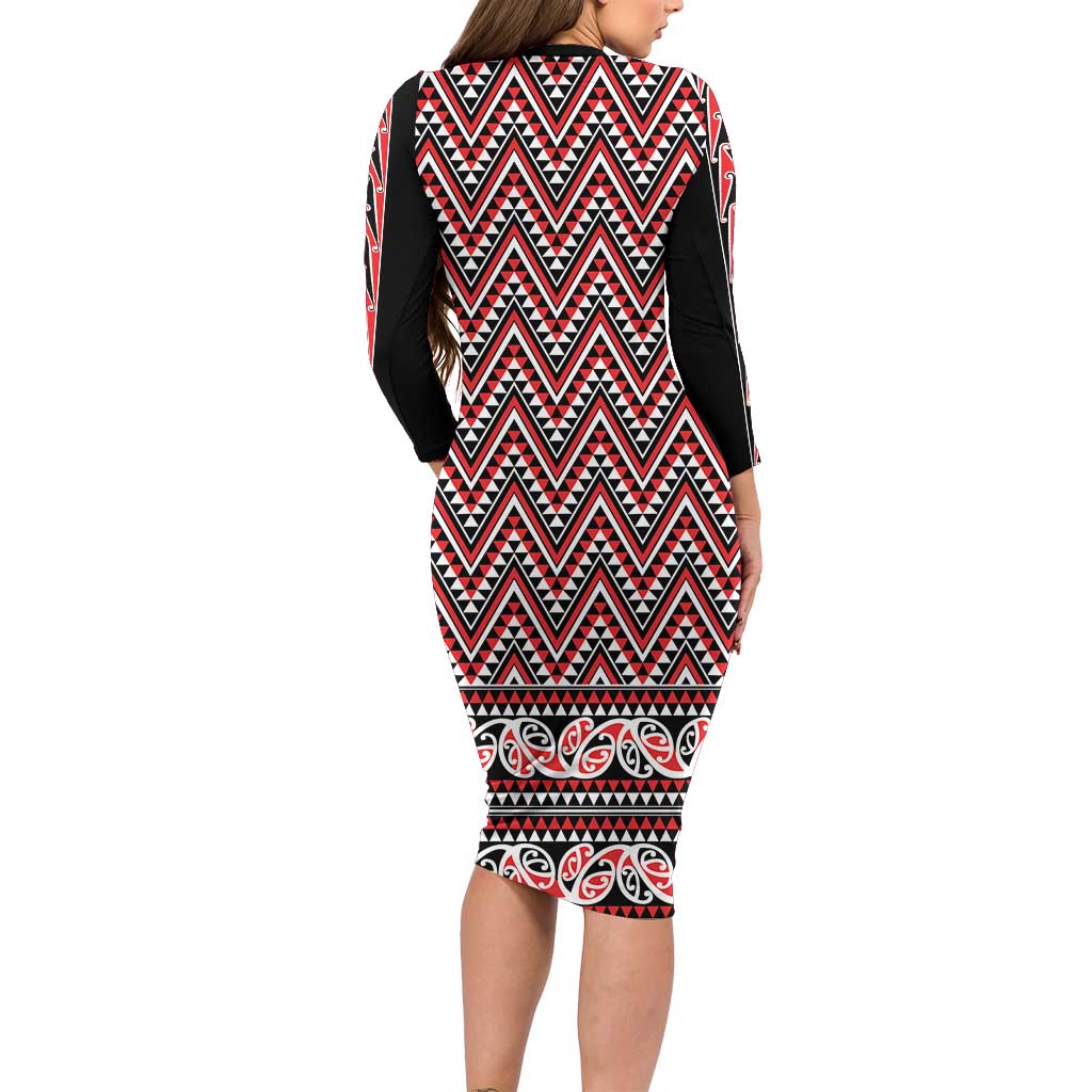 New Zealand Maori Niho Taniwha Family Matching Long Sleeve Bodycon Dress and Hawaiian Shirt Whero Mangopare and Puhoro Pattern LT9 - Polynesian Pride