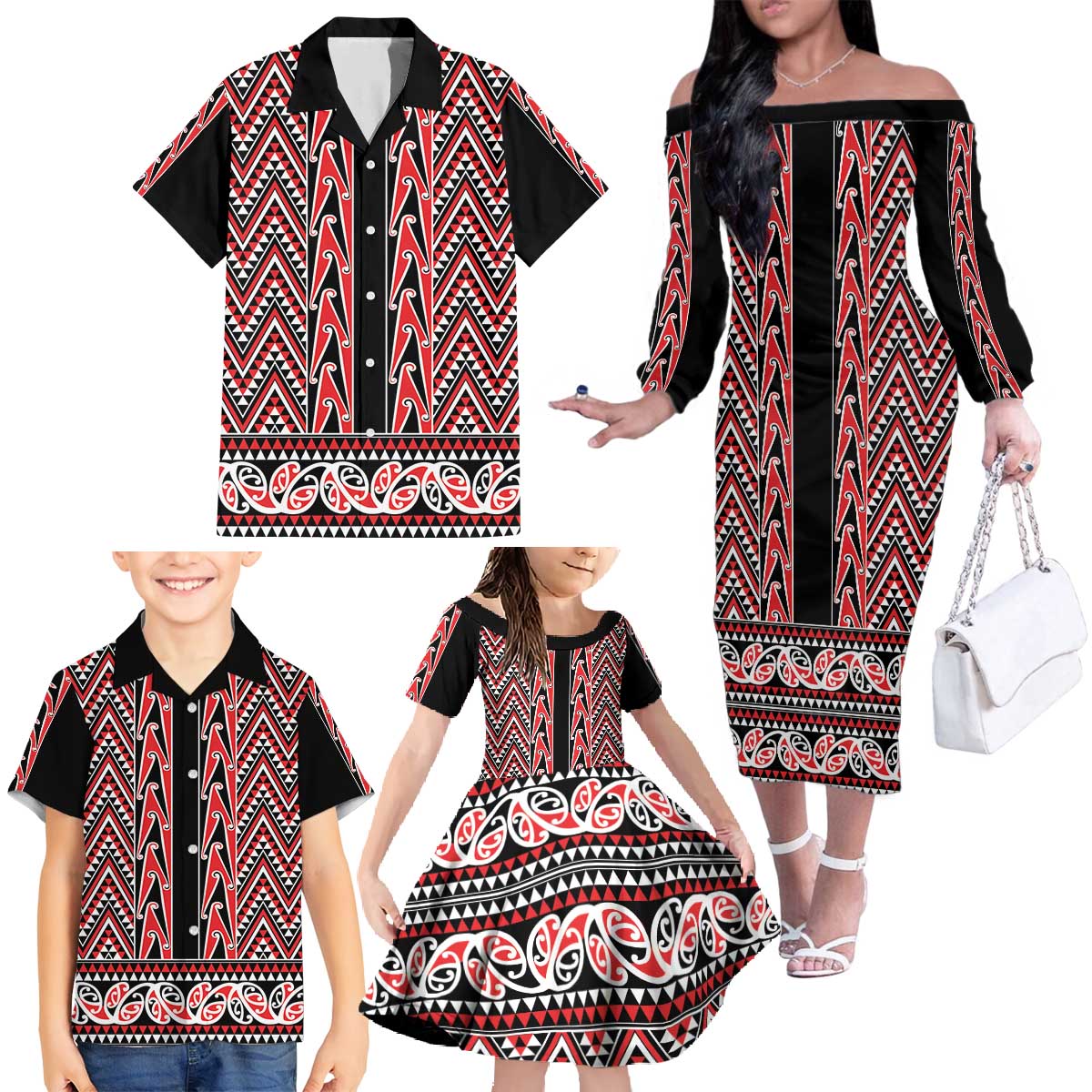 New Zealand Maori Niho Taniwha Family Matching Off The Shoulder Long Sleeve Dress and Hawaiian Shirt Whero Mangopare and Puhoro Pattern