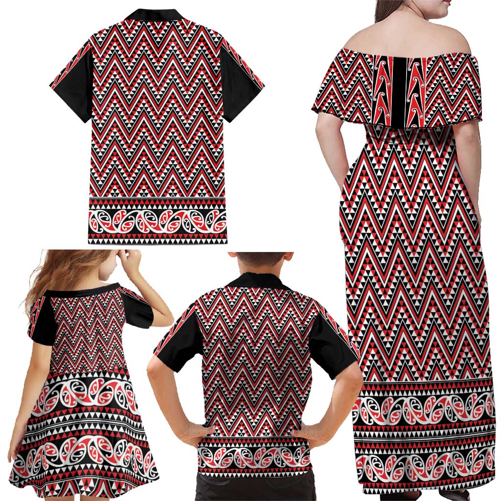 New Zealand Maori Niho Taniwha Family Matching Off Shoulder Maxi Dress and Hawaiian Shirt Whero Mangopare and Puhoro Pattern