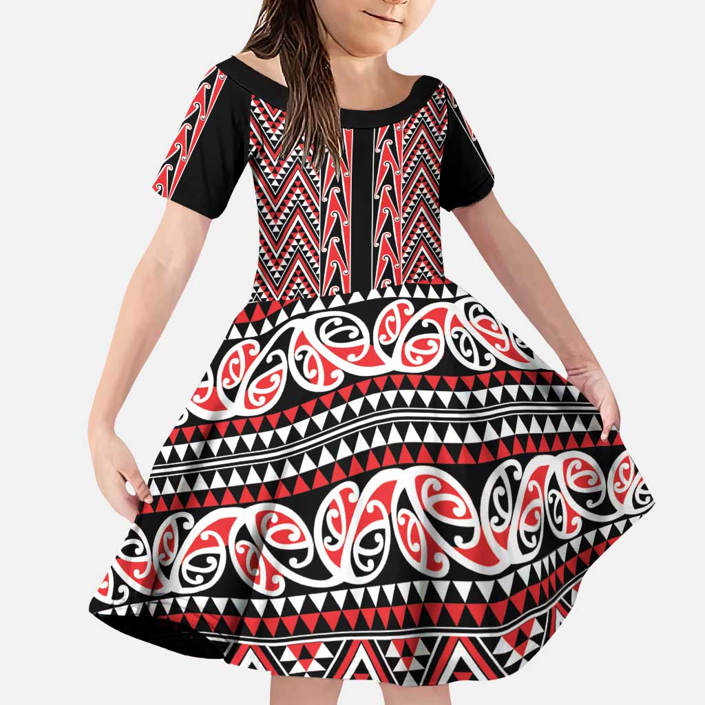 New Zealand Maori Niho Taniwha Family Matching Puletasi and Hawaiian Shirt Whero Mangopare and Puhoro Pattern LT9 Daughter's Dress Red - Polynesian Pride