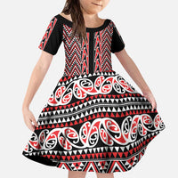 New Zealand Maori Niho Taniwha Family Matching Puletasi and Hawaiian Shirt Whero Mangopare and Puhoro Pattern LT9 Daughter's Dress Red - Polynesian Pride