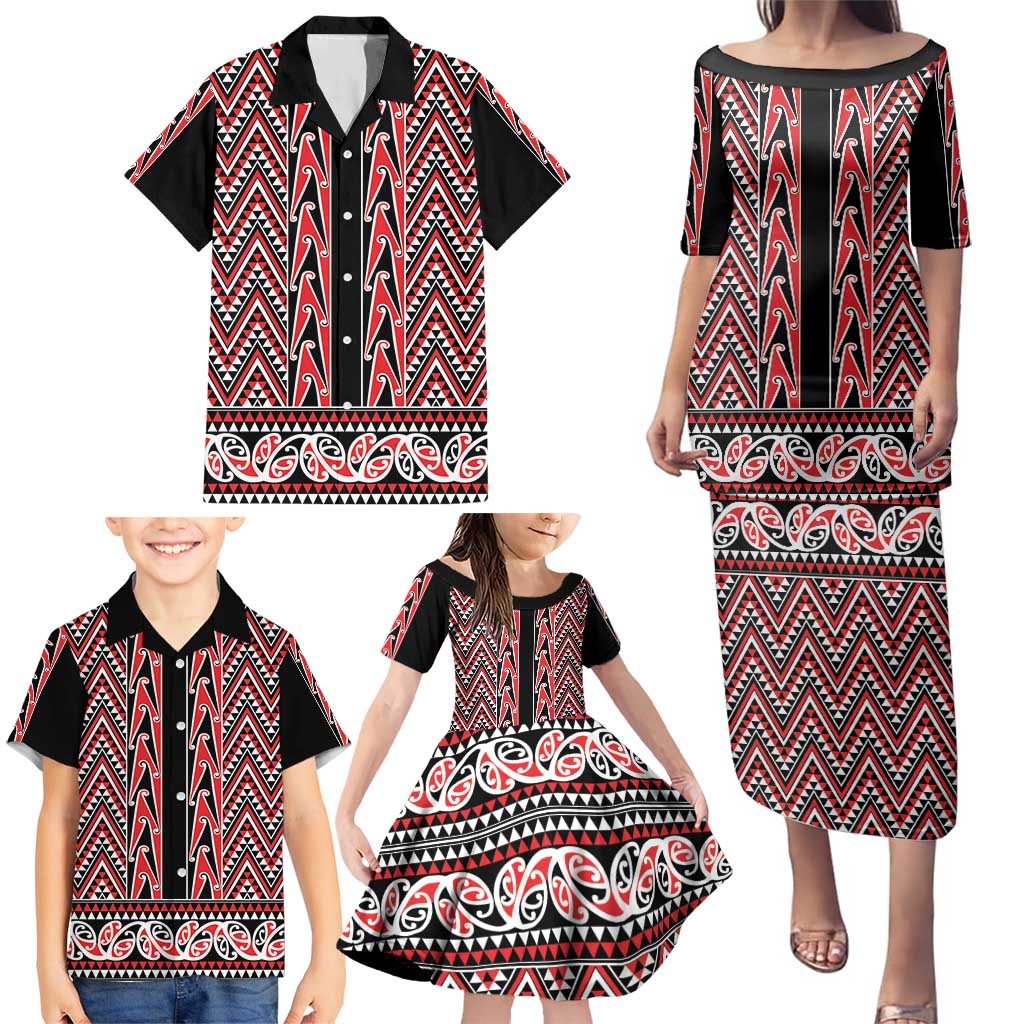 New Zealand Maori Niho Taniwha Family Matching Puletasi and Hawaiian Shirt Whero Mangopare and Puhoro Pattern LT9 - Polynesian Pride