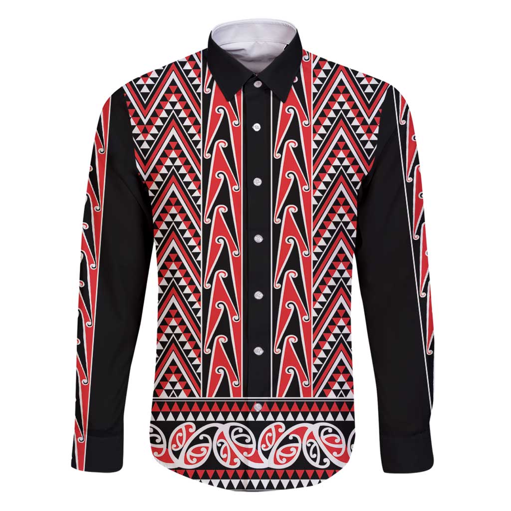 New Zealand Maori Niho Taniwha Family Matching Puletasi and Hawaiian Shirt Whero Mangopare and Puhoro Pattern LT9 Dad's Shirt - Long Sleeve Red - Polynesian Pride