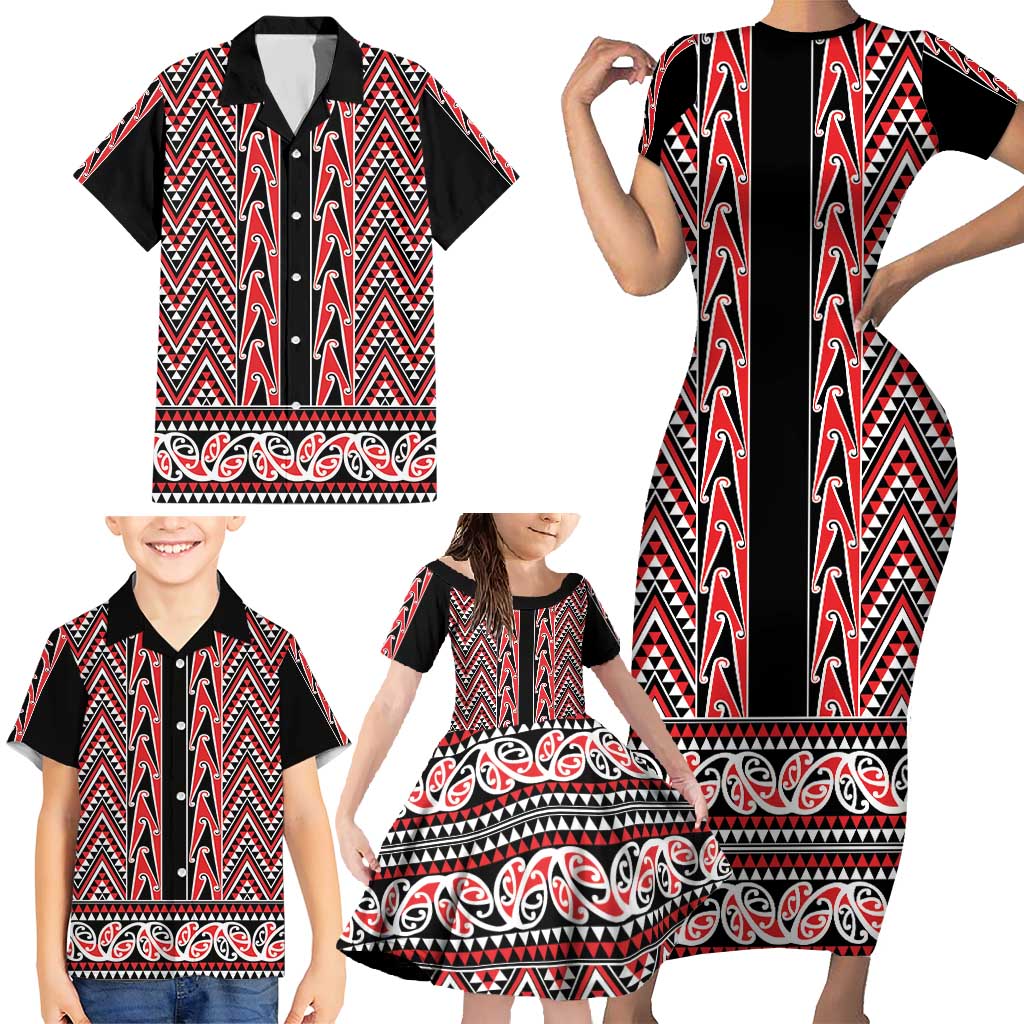 New Zealand Maori Niho Taniwha Family Matching Short Sleeve Bodycon Dress and Hawaiian Shirt Whero Mangopare and Puhoro Pattern LT9 - Polynesian Pride