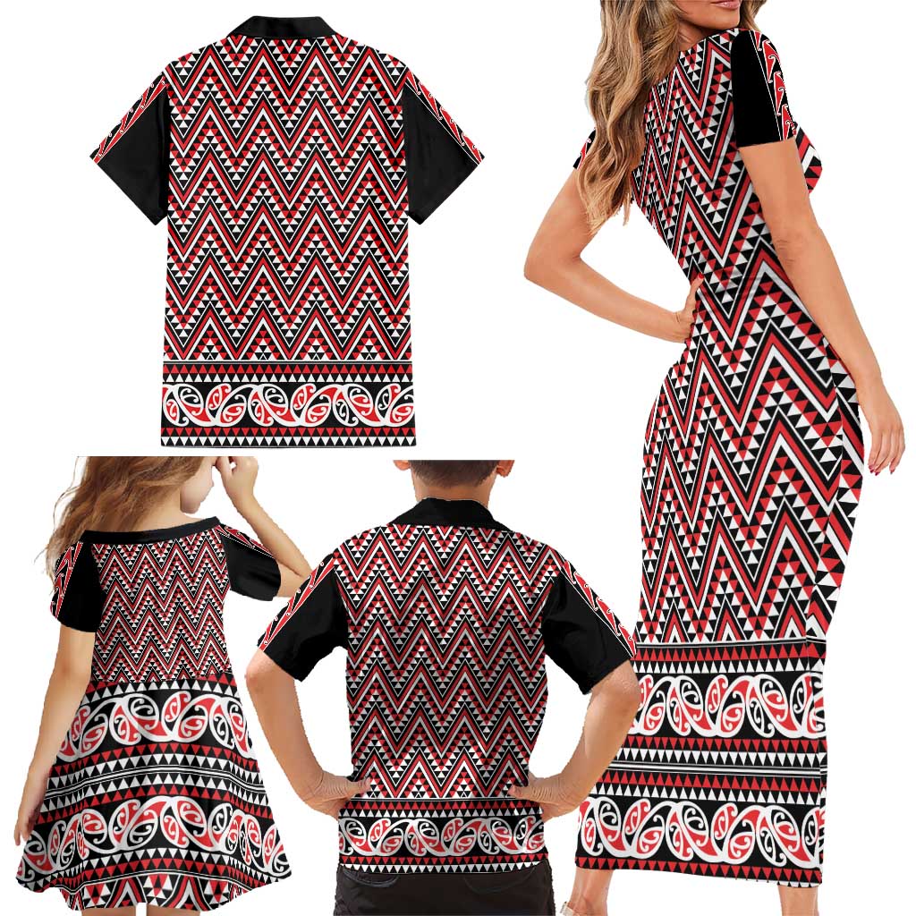 New Zealand Maori Niho Taniwha Family Matching Short Sleeve Bodycon Dress and Hawaiian Shirt Whero Mangopare and Puhoro Pattern LT9 - Polynesian Pride