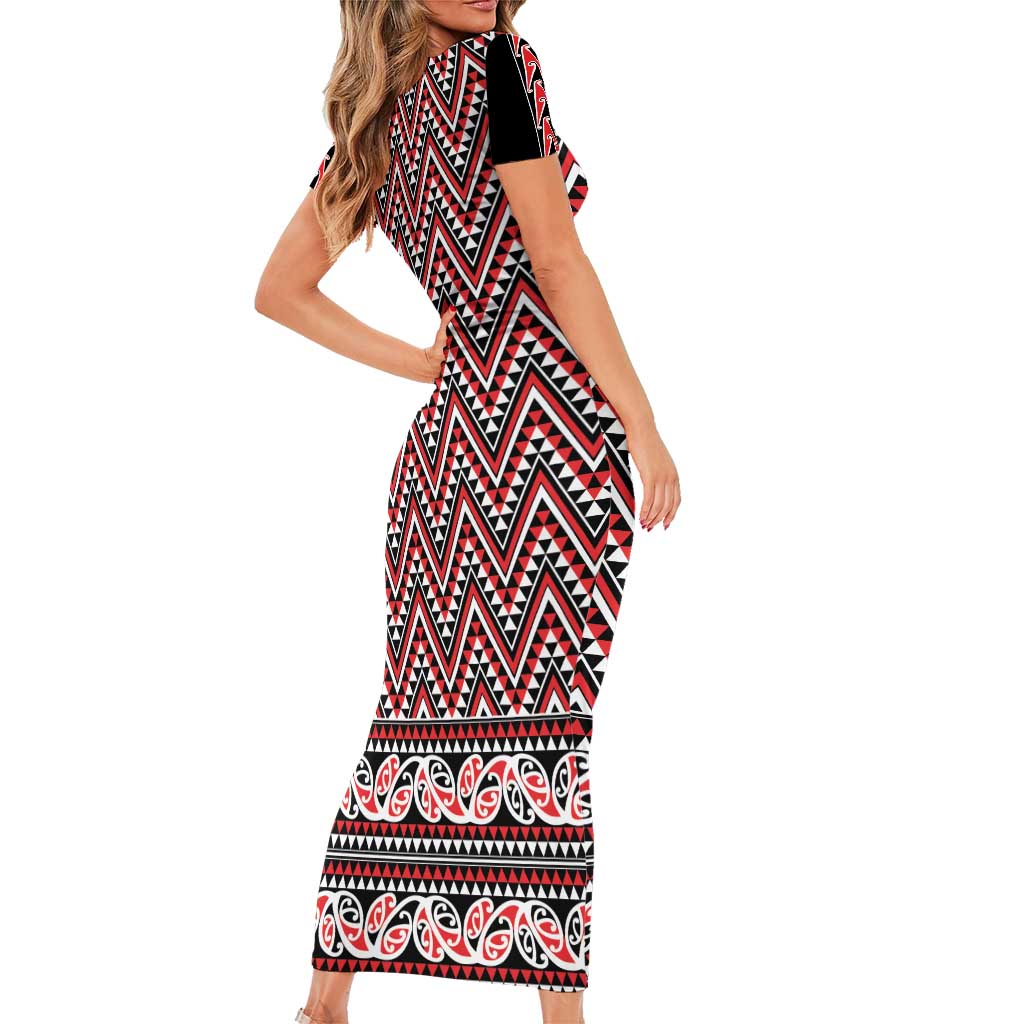 New Zealand Maori Niho Taniwha Family Matching Short Sleeve Bodycon Dress and Hawaiian Shirt Whero Mangopare and Puhoro Pattern LT9 - Polynesian Pride