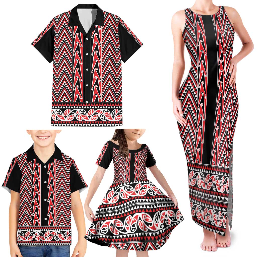 New Zealand Maori Niho Taniwha Family Matching Tank Maxi Dress and Hawaiian Shirt Whero Mangopare and Puhoro Pattern