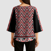 New Zealand Maori Niho Taniwha Kimono Sleeve Blouse Whero Mangopare and Puhoro Pattern - Polynesian Pride