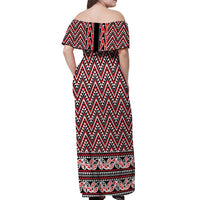 New Zealand Maori Niho Taniwha Off Shoulder Maxi Dress Whero Mangopare and Puhoro Pattern