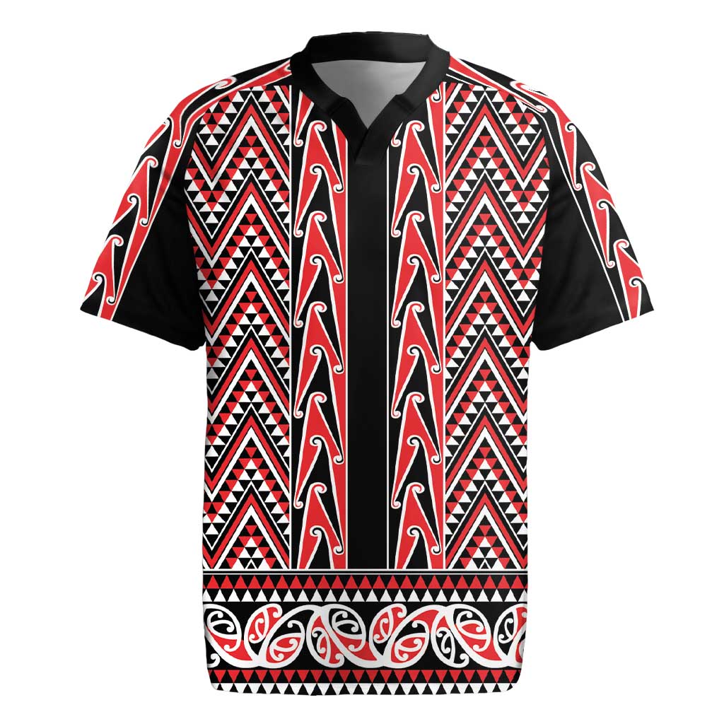 New Zealand Maori Niho Taniwha Rugby Jersey Whero Mangopare and Puhoro Pattern LT9 Red - Polynesian Pride