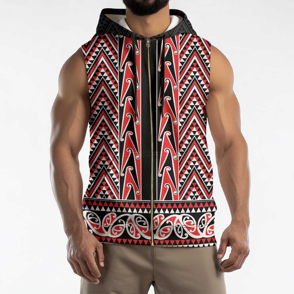 New Zealand Maori Niho Taniwha Sleeveless Zip Hoodie Whero Mangopare and Puhoro Pattern - Polynesian Pride