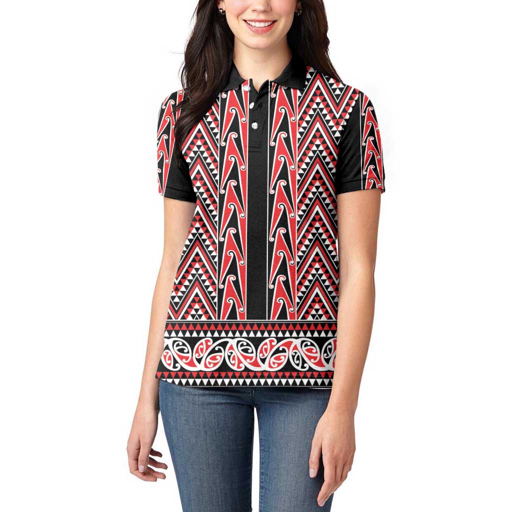 New Zealand Maori Niho Taniwha Women Polo Shirt Whero Mangopare and Puhoro Pattern