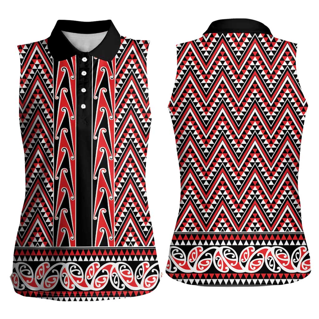 New Zealand Maori Niho Taniwha Women Sleeveless Polo Shirt Whero Mangopare and Puhoro Pattern