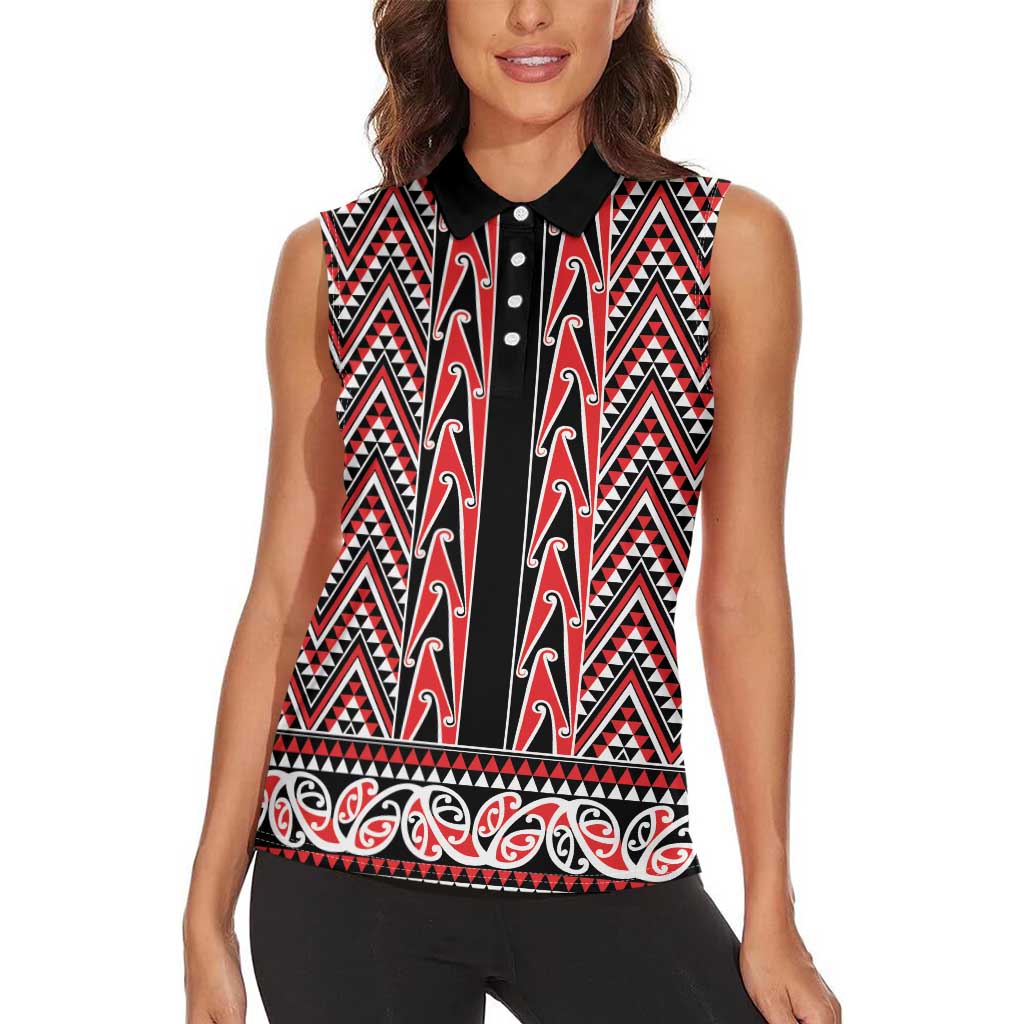 New Zealand Maori Niho Taniwha Women Sleeveless Polo Shirt Whero Mangopare and Puhoro Pattern
