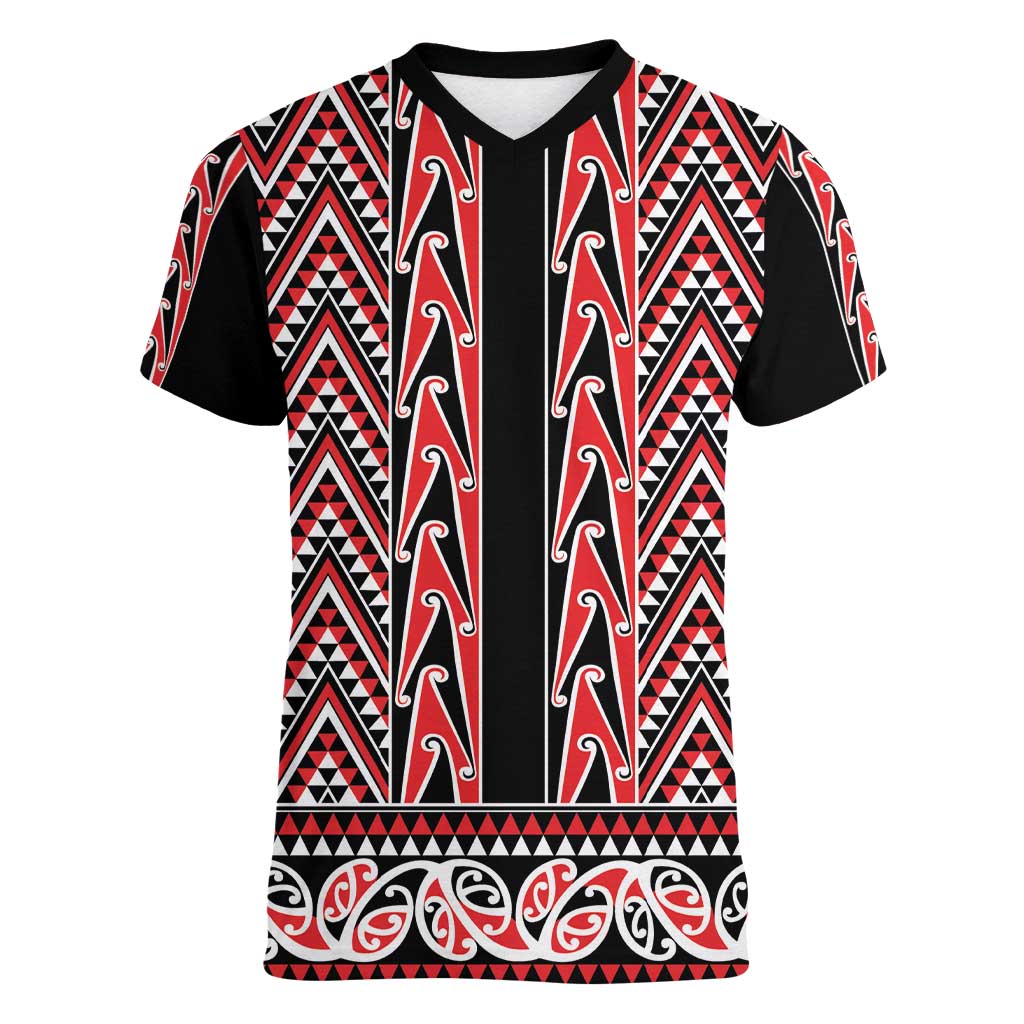 New Zealand Maori Niho Taniwha Women V-Neck T-Shirt Whero Mangopare and Puhoro Pattern LT9 Female Red - Polynesian Pride