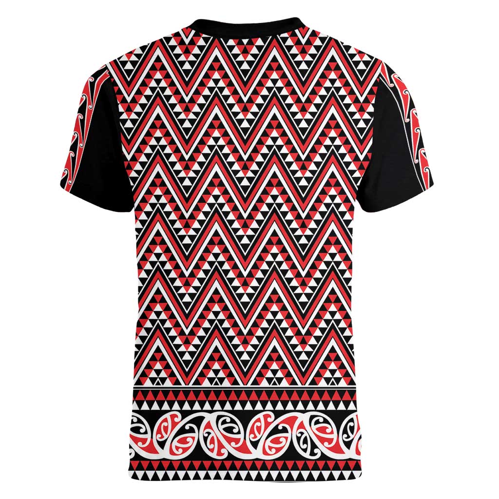 New Zealand Maori Niho Taniwha Women V-Neck T-Shirt Whero Mangopare and Puhoro Pattern LT9 - Polynesian Pride
